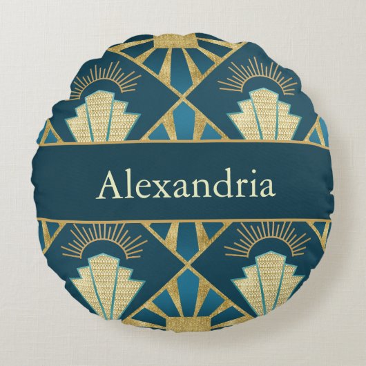Personalized Art Deco Teal & Gold Geometric Name  ラウンドクッション (正面)