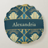 Personalized Art Deco Teal & Gold Geometric Name  ラウンドクッション (裏面)