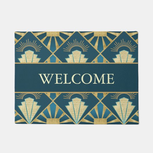 Personalized Art Deco Teal & Gold Welcome ドアマット (正面)