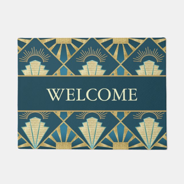 Personalized Art Deco Teal & Gold Welcome ドアマット (正面)