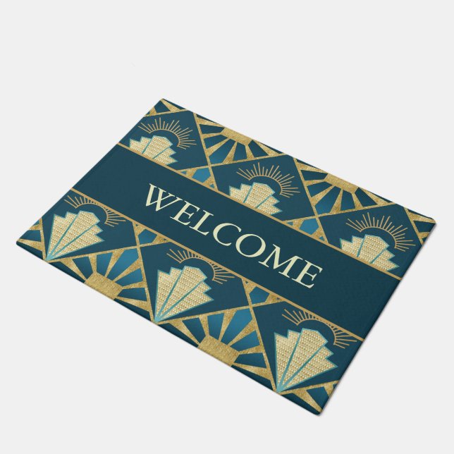 Personalized Art Deco Teal & Gold Welcome ドアマット (アングル)