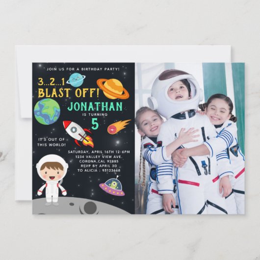 Personalized Astronaut Birthday with Photo Space 招待状 (正面)