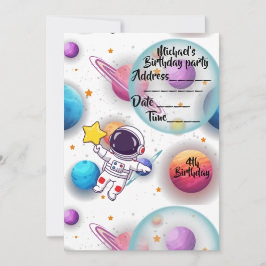 Personalized Astronaut & Planets Party Invitation 招待状 (正面)
