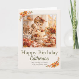 Personalized Autumn Birthday Kitten Cake Card カード