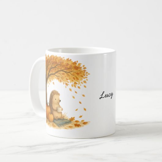 Personalized Autumn Hedgehog Under Tree Coffee Mug コーヒーマグカップ (正面左)