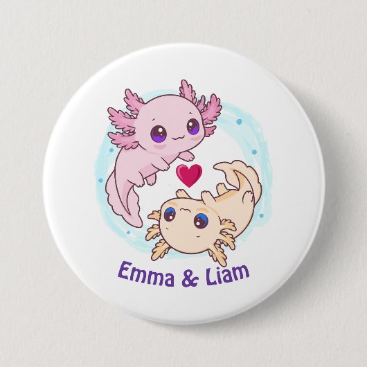 Personalized Axolotl Couple Valentine Button 缶バッジ (正面)