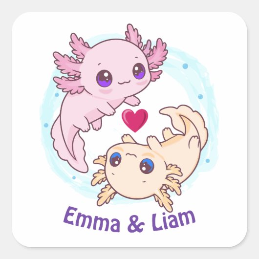 Personalized Axolotl Couple Valentine Sticker スクエアシール (正面)