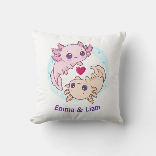 Personalized Axolotl Couple Valentine Throw Pillow クッション (正面)