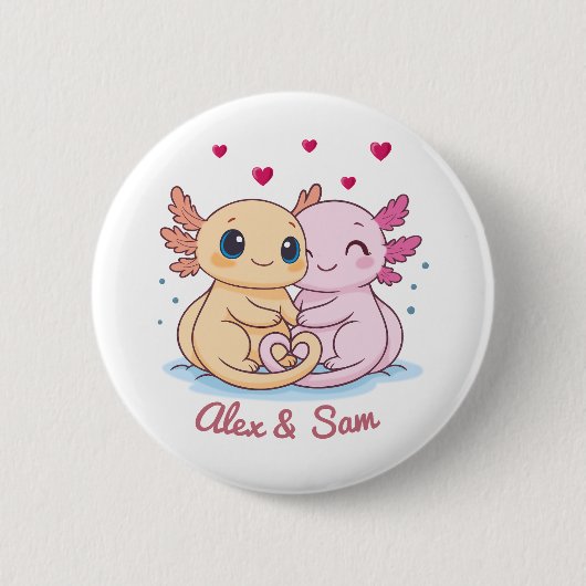 Personalized Axolotl Valentine Button with Names 缶バッジ (正面)