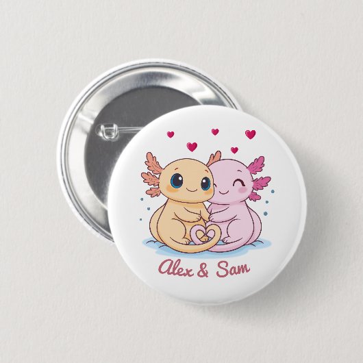 Personalized Axolotl Valentine Button with Names 缶バッジ (正面&裏面)