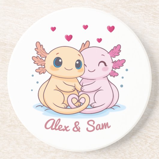 Personalized Axolotl Valentine Sandstone Coaster コースター (正面)