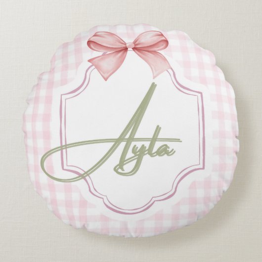 Personalized Ayla Baby Girl Nursery Bow&Gingham  ラウンドクッション (正面)