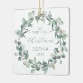 Personalized Baby 1st Christmas Eucalyptus Wreath セラミックオーナメント (左)