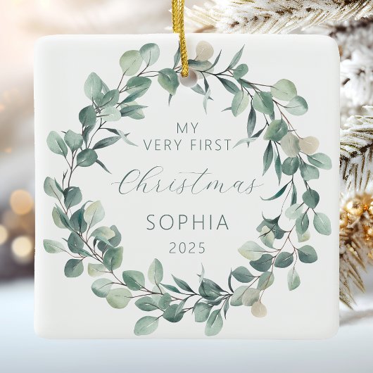 Personalized Baby 1st Christmas Eucalyptus Wreath セラミックオーナメント
