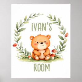 Personalized Baby Bear Watercolor Woodland Nursery ポスター