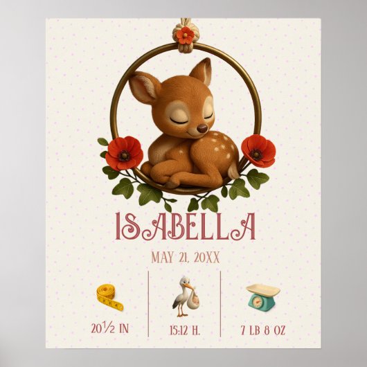 Personalized Baby Birth Poster – Woodland Fawn ポスター (正面)