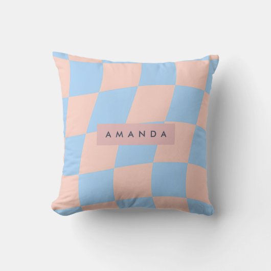 Personalized Baby Blue and Peach Wavy Checkered クッション (正面)
