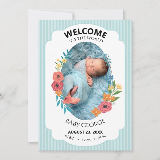 personalized baby blue floral Birth announcements (正面)