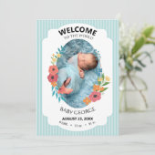 personalized baby blue floral Birth announcements (スタンド正面)