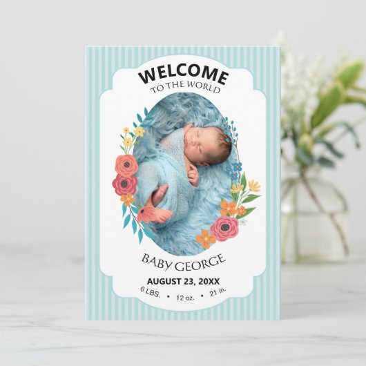 personalized baby blue floral Birth announcements (スタンド正面)