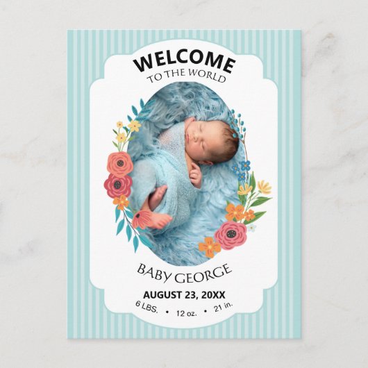 personalized baby blue floral Birth announcements ポストカード (正面)