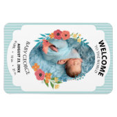 personalized baby blue floral Birth announcements マグネット (横)