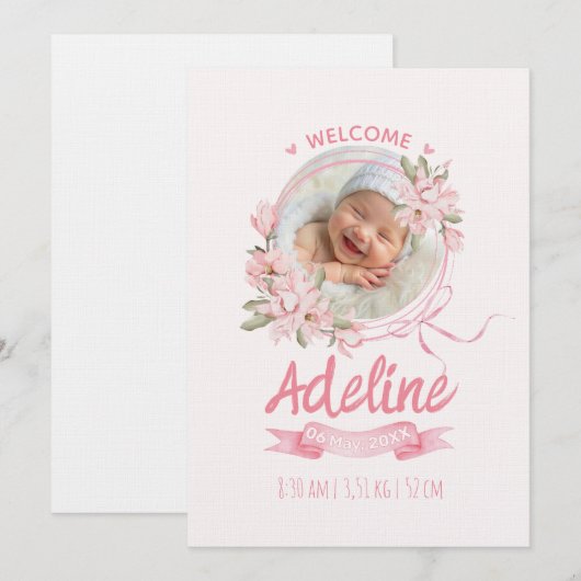 personalized baby blue floral Birth announcements 招待状 (正面/裏面)