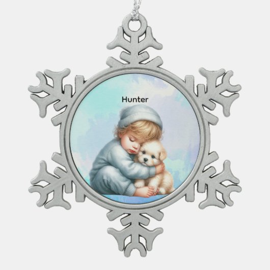 Personalized Baby Cuddling Puppy Snowflake  スノーフレークピューターオーナメント (正面)