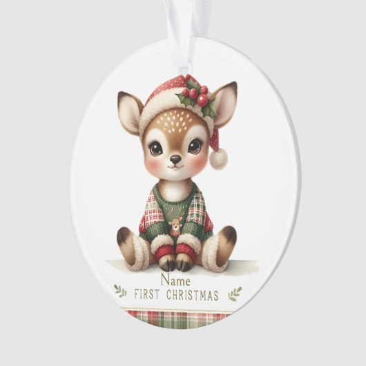 Personalized Baby Deer in Plaid Sweater オーナメント (正面)