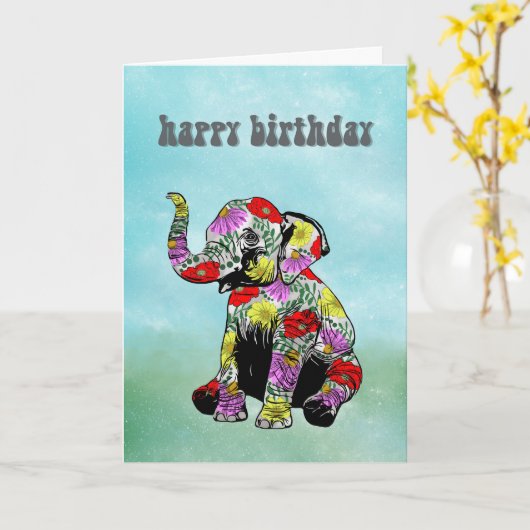 Personalized Baby Elephant Birthday Card カード (黄色い花)