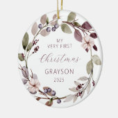 Personalized Baby First Christmas Purple Wreath セラミックオーナメント (左)