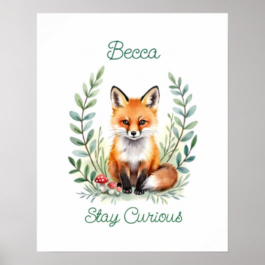 Personalized Baby Fox Watercolor Woodland Nursery  ポスター (正面)