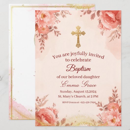Personalized Baby Girl Baptism Invitation 招待状 (正面/裏面)