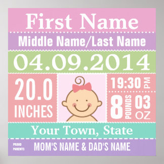 Personalized Baby Girl Birth Stats Poster ポスター