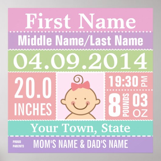 Personalized Baby Girl Birth Stats Poster ポスター (正面)