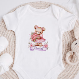 Personalized baby Girl Bodysuit With A Teddy Bear ベビーボディスーツ