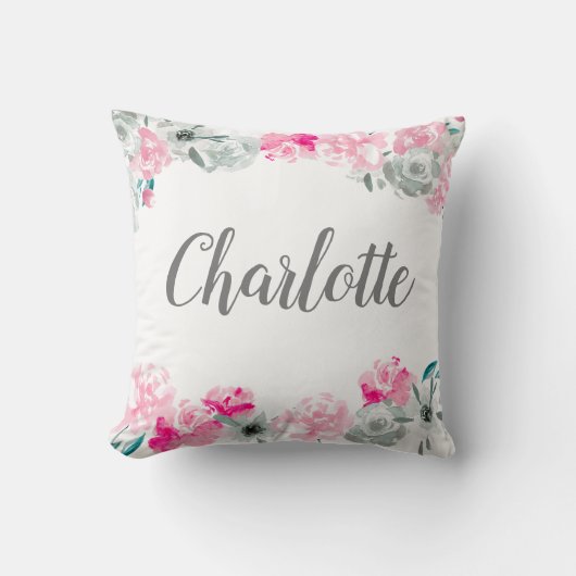 Personalized Baby Girl Floral watercolor pink grey クッション (正面)