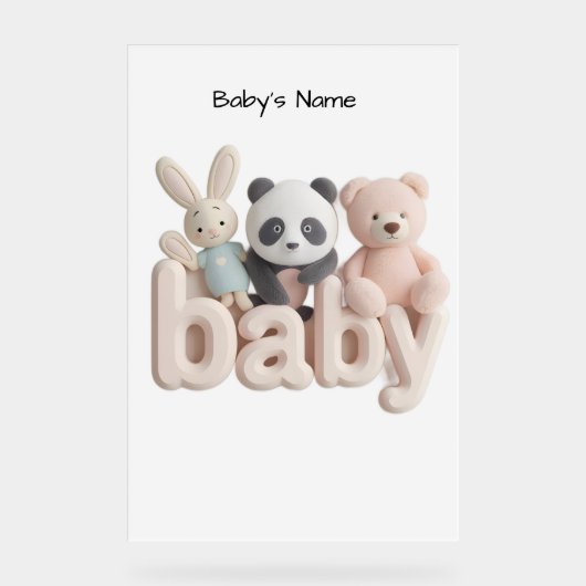 Personalized Baby Name Wall Art – Cute Animal Nurs アクリルサイン (正面)