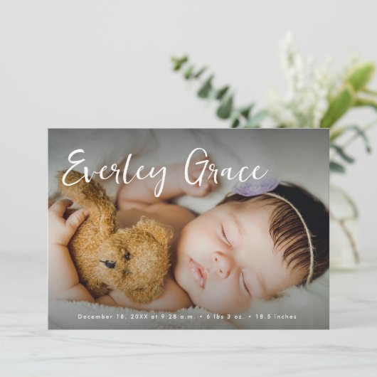 Personalized Baby Photos Elegant Script Name 案内状 (スタンド正面)
