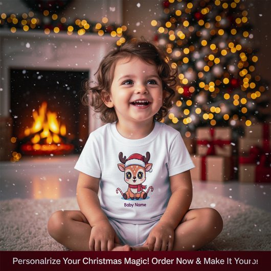 Personalized Baby Reindeer First Christmas T-Shirt トドラーTシャツ