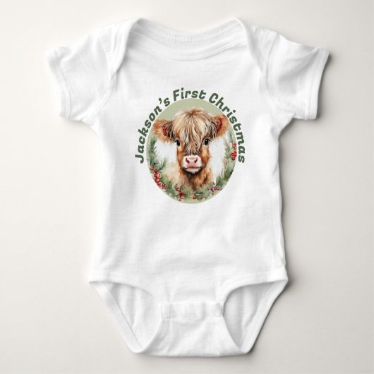 Personalized “Baby’s First Christmas” Highland Cow ベビーボディスーツ (正面)