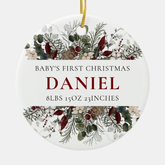 Personalized Baby's 1st Christmas Winter Floral  セラミックオーナメント (正面)