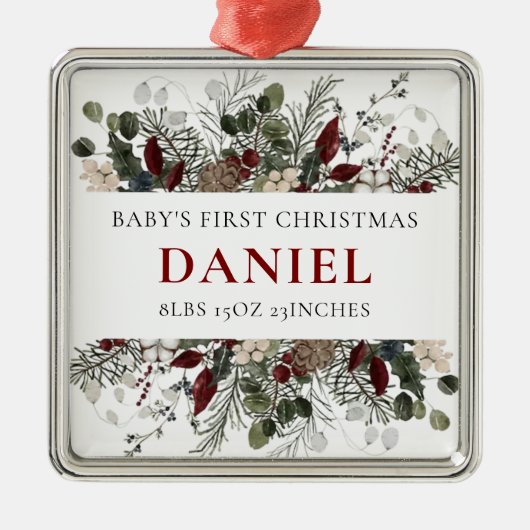 Personalized Baby's 1st Christmas Winter Floral  メタルオーナメント (正面)