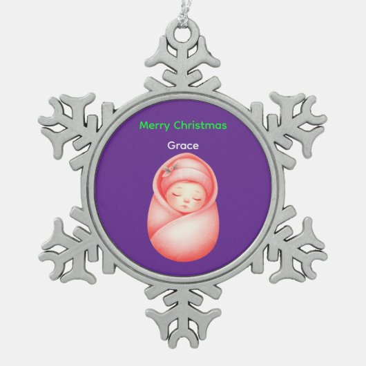 Personalized Baby's First Christmas Snowflake Orna スノーフレークピューターオーナメント (正面)