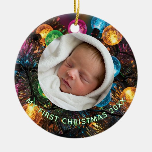 Personalized Baby's First Christmas with Photo セラミックオーナメント (正面)