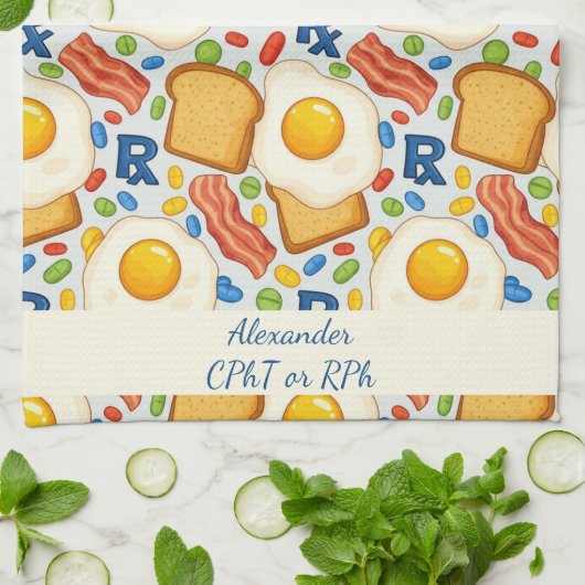 Personalized Bacon & Eggs Pharmacy RX キッチンタオル (折り畳み)