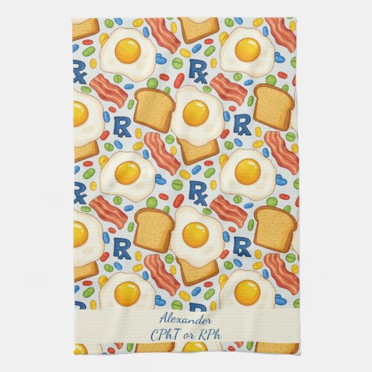 Personalized Bacon & Eggs Pharmacy RX キッチンタオル (縦)