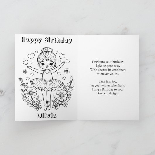 Personalized Ballet Birthday + Coloring Page カード (内部)