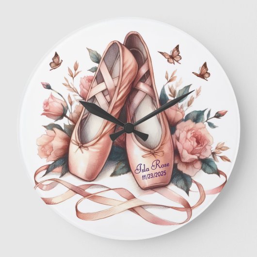 Personalized Ballet Slippers & Roses Wall Clock ラージ壁時計 (正面)