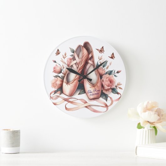 Personalized Ballet Slippers & Roses Wall Clock ラージ壁時計 (ホーム)